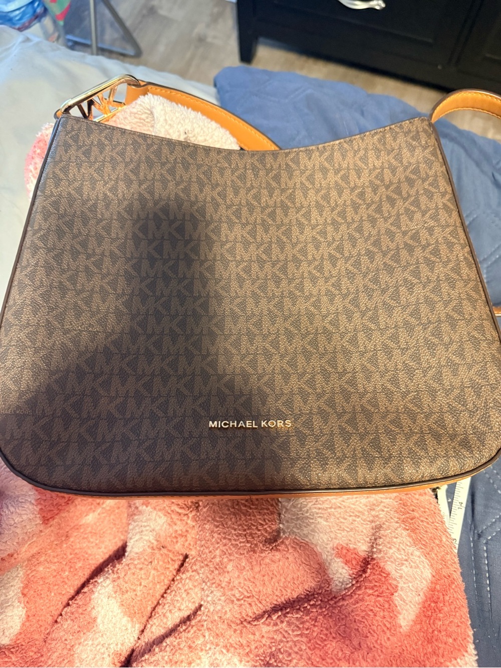 Michael Kors Brown Monogram Shoulder Bag with Tan Strap